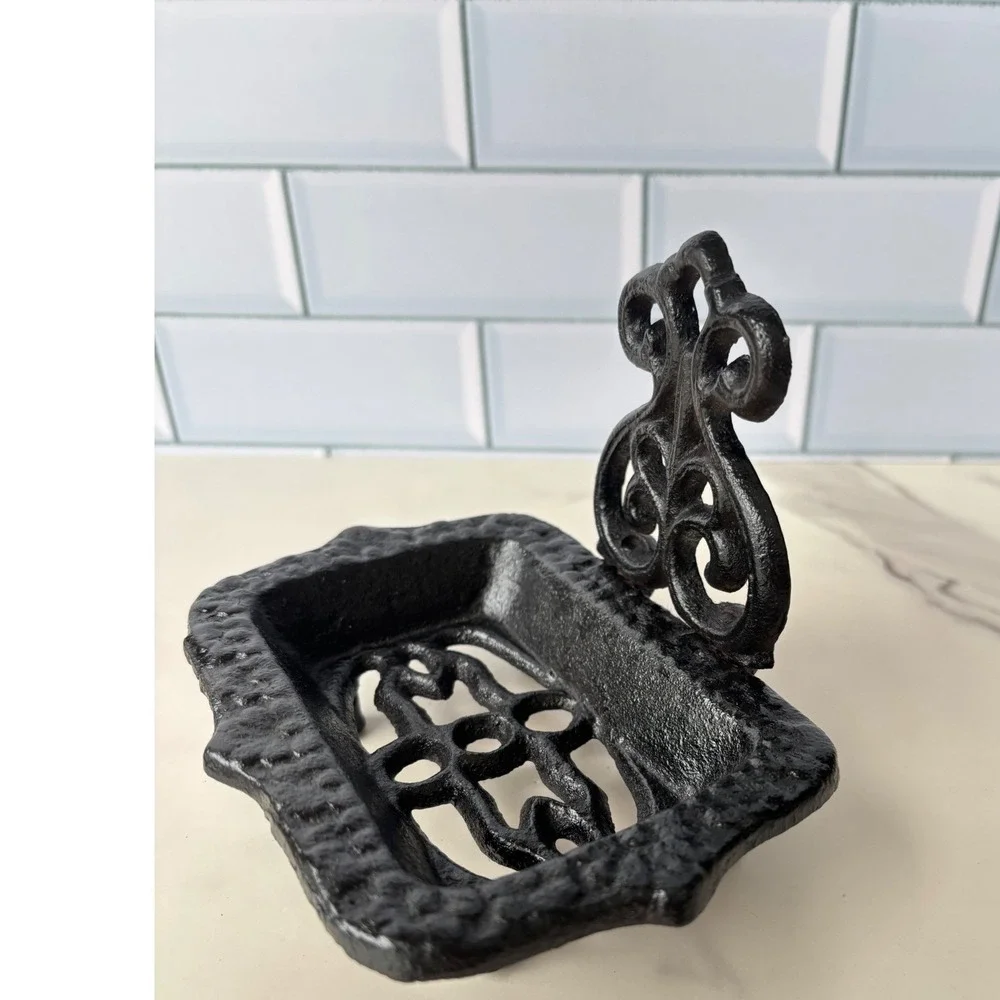 Cast Iron Soap Dish Fleur De Lis Scrollwork Black Metal Footed Holder